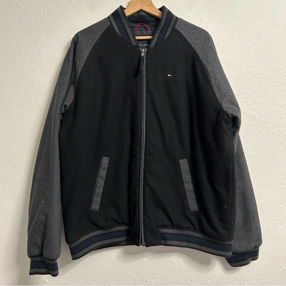 Tommy Hilfiger Black-Gray Full-Zip Varsity Jacket, Size L
